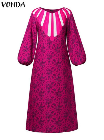 Плюс размер 5XL VONDA Дамска парти рокля с фенерски ръкав с V-образно деколте Ежедневна дълга рокля с щампи Свободна пачуърк роба Бохемски vestidos