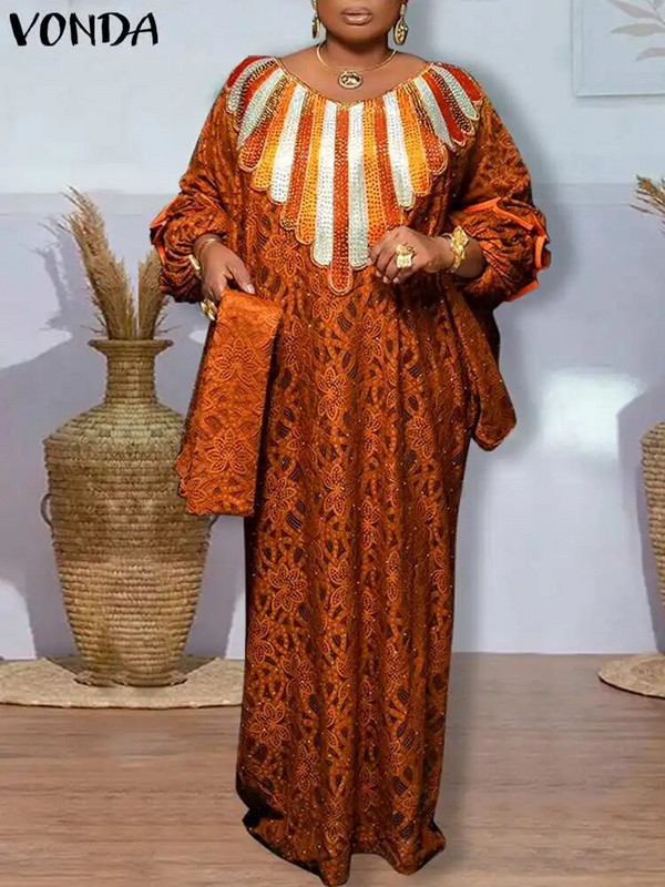 Plus veličina 5XL VONDA Ženska svečana haljina s lanternastim rukavima i V-izrezom Ležerna dugačka haljina s printom Široki patchwork ogrtač Bohemian Vestidos