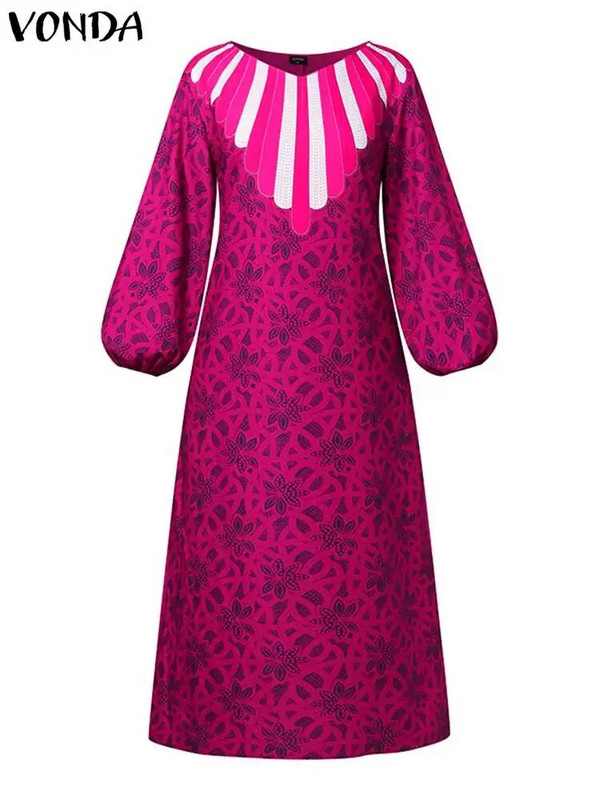 Plus veličina 5XL VONDA Ženska svečana haljina s lanternastim rukavima i V-izrezom Ležerna dugačka haljina s printom Široki patchwork ogrtač Bohemian Vestidos
