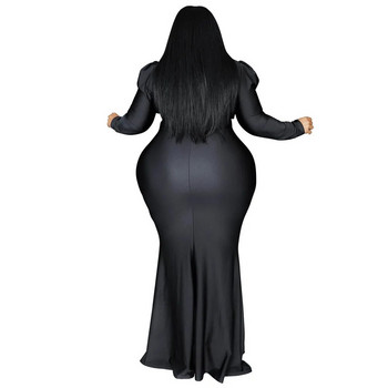 Μονόχρωμο κομψό βραδινό φόρεμα μακρυμάνικο συν μέγεθος γυναικεία ρούχα Σέξι V λαιμόκοψη Φθινοπωρινά μάξι φορέματα Χονδρική Dropshipping