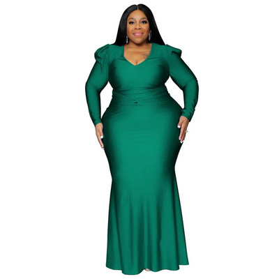 Jednobojna, elegantna večernja haljina dugih rukava, ženska odjeća velikih veličina, seksi v-izrez, jesenske maksi haljine, veleprodaja Dropshipping