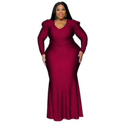 Jednobojna, elegantna večernja haljina dugih rukava, ženska odjeća velikih veličina, seksi v-izrez, jesenske maksi haljine, veleprodaja Dropshipping