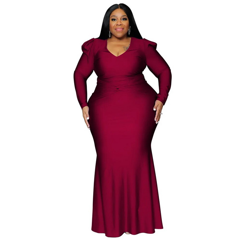 Jednobojna, elegantna večernja haljina dugih rukava, ženska odjeća velikih veličina, seksi v-izrez, jesenske maksi haljine, veleprodaja Dropshipping