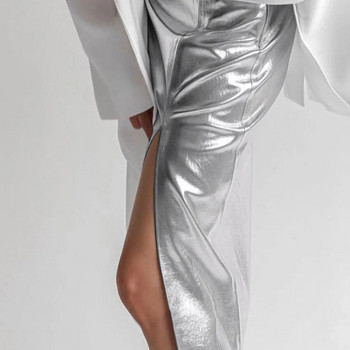 Ασημί δερμάτινη γυναικεία φούστα μόδας με σχισμή Μεσαίο μήκος ίσια γυναικεία φούστα