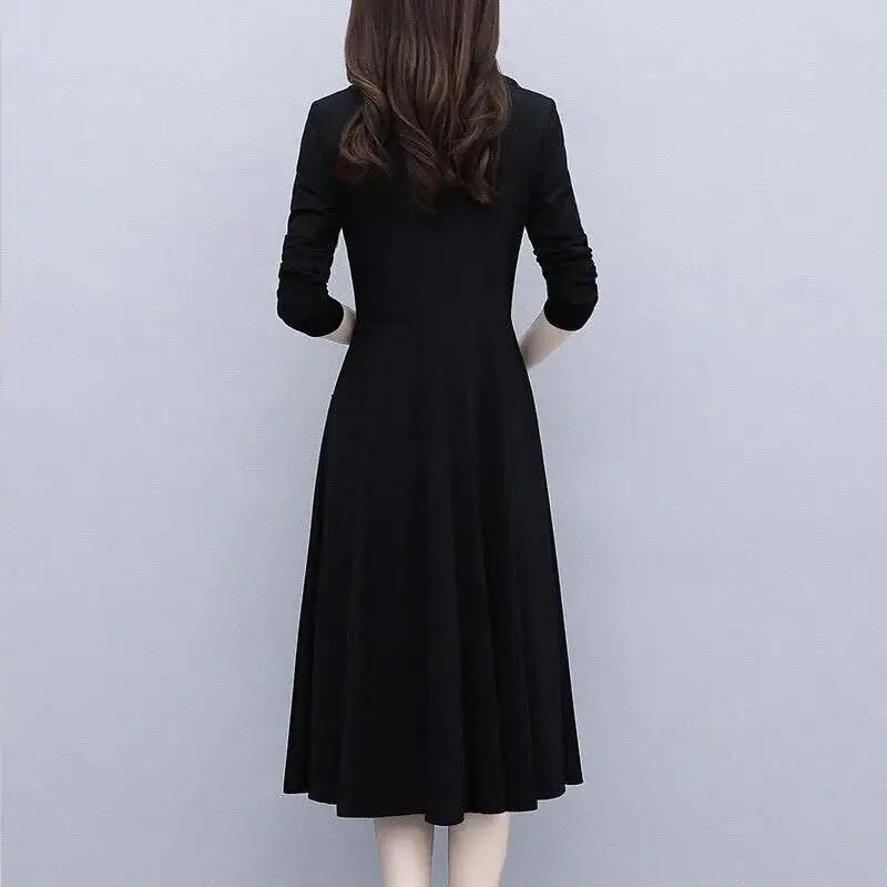 Μόδα γιακάς Peter Pan Δαντέλα Φόρεμα Midi Γυναικεία Ρούχα 2023 Φθινόπωρο Χειμώνας Χαλαρά Μονόχρωμα Γυναικεία Γυναικεία Φορέματα Γραφείου