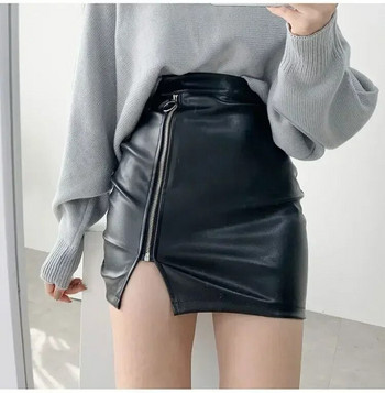 Черна мини секси пола Секси пакет с висока талия на ханша пола тип молив Дамска корейска мода от изкуствена кожа, къси поли с цип