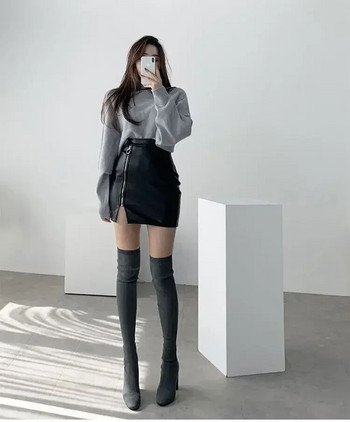 Μαύρη μίνι σέξι φούστα Σέξι ψηλόμεσο πακέτο Γυναικεία φούστα μολύβι ισχίου Γυναικεία κορεατική μόδα Pu faux δέρμα με σπαστό φερμουάρ Κοντές φούστες