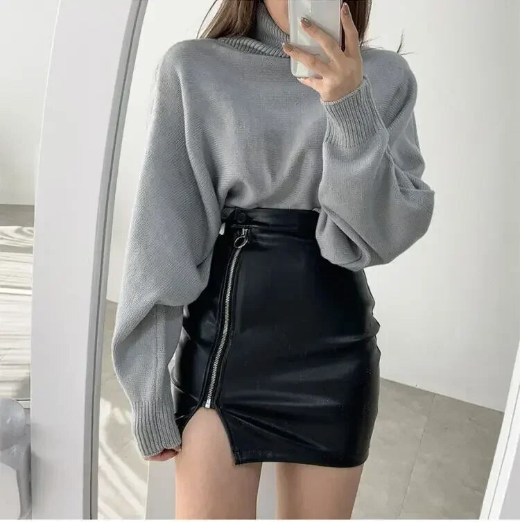 Crna mini seksi suknja Seksi paket pencil suknja visokog struka Ženske korejske modne kratke suknje od pu umjetne kože s patentnim zatvaračem
