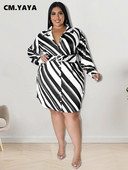 CM.YAYA elegáns női, nagy méretű, ívelt csíkos hosszú ujjú övvel, egysoros, lehajtható nyakú hajtókás ing stílusú ruha