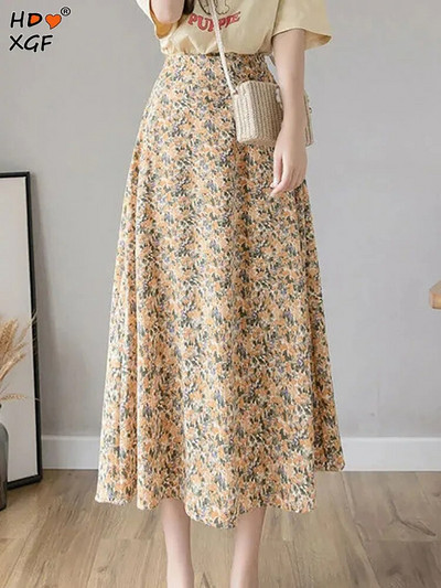 Лятна многоцветна флорална дамска облекло с големи размери, дълга пола, реколта, плисирана пола с висока талия, широка пола на улицата