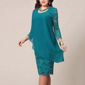 Rochie midi cu mâneci 3/4 cu mâneci 3/4, culoare uni, cu gât rotund pentru femei