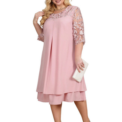 Rochie midi cu mâneci 3/4 cu mâneci 3/4, culoare uni, cu gât rotund pentru femei