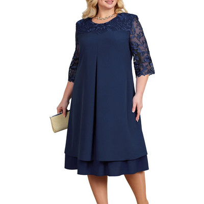 Rochie midi cu mâneci 3/4 cu mâneci 3/4, culoare uni, cu gât rotund pentru femei
