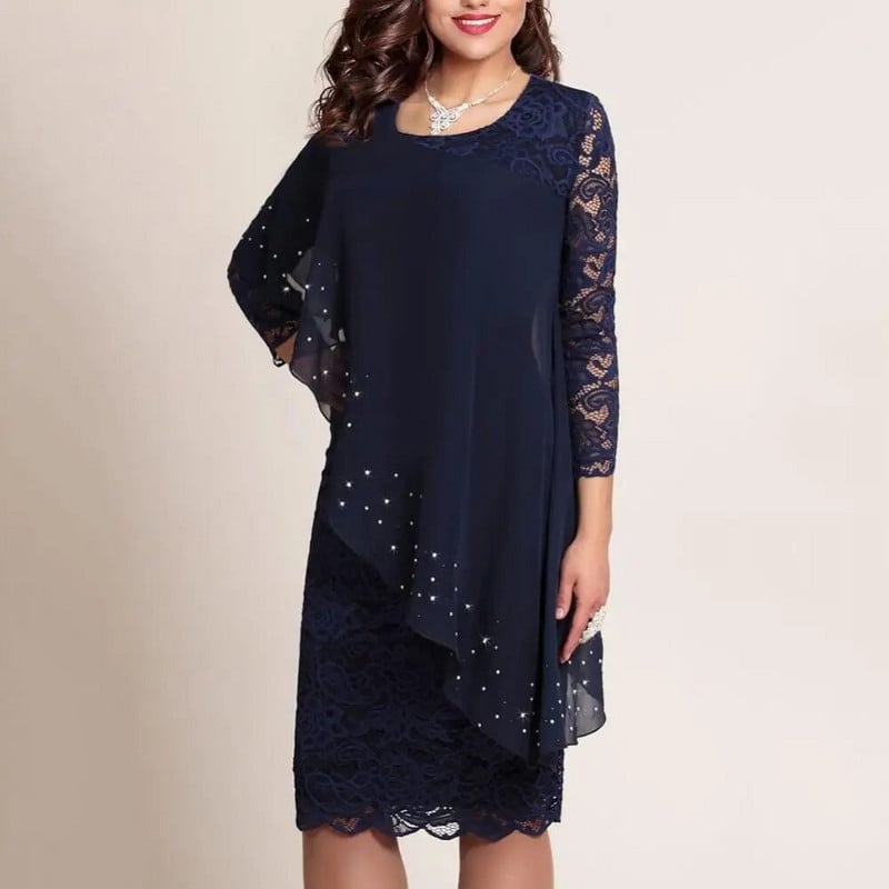 Didelio dydžio vienspalvė moteriška dvigubo sluoksnio 3/4 rankovėmis apvaliomis kaklo kūno spalvos midi suknelė