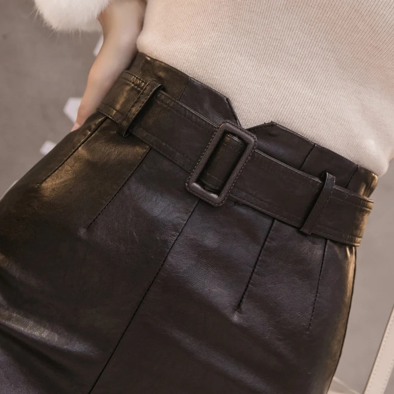 TingYiLi Fuste din piele PU despicată în față pentru femei, toamnă iarnă, fustă midi cu talie înaltă, fustă creion neagră coreeană elegantă