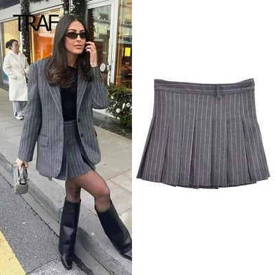 TRAF Ženske suknje Jesen Zima Prugasta plisirana suknja Mini mješovita suknja srednjeg struka Elegantne dizajnerske suknje za zabave Ženske luksuzne