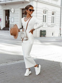 Naiste kootud elegantne valge pikk kleit sügistalvine ühevärviline puuvillane vabaaja pikkade varrukatega õhuke kehakleit 2022