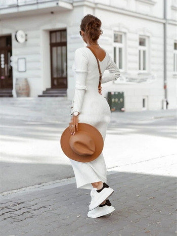 Γυναικείο πλεκτό κομψό λευκό μακρύ φόρεμα Φθινοπωρινό, Χειμώνα μονόχρωμο βαμβακερό casual μακρυμάνικο λεπτό φόρεμα Bodycon 2022