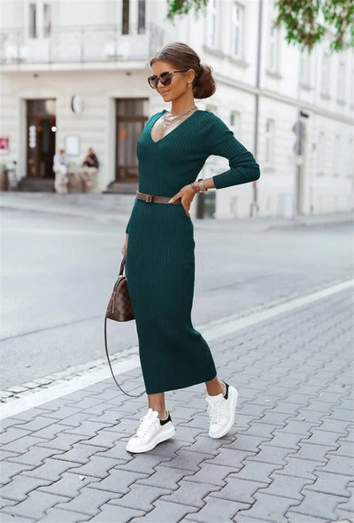 Naiste kootud elegantne valge pikk kleit sügistalvine ühevärviline puuvillane vabaaja pikkade varrukatega õhuke kehakleit 2022