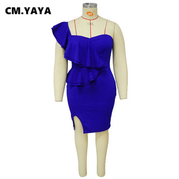 CM.YAYA Плюс размер Дамска миди рокля с волани на раменете без ръкави 2023 Fashion INS Curve Секси парти клубни рокли Vestidos