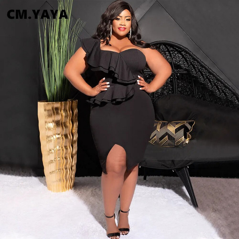 CM.YAYA Plus Size Γυναικεία βολάν Αμάνικο Bodycon Μίντι Φόρεμα 2023 Fashion INS Curve Sexy Party Club Dresses Vestidos