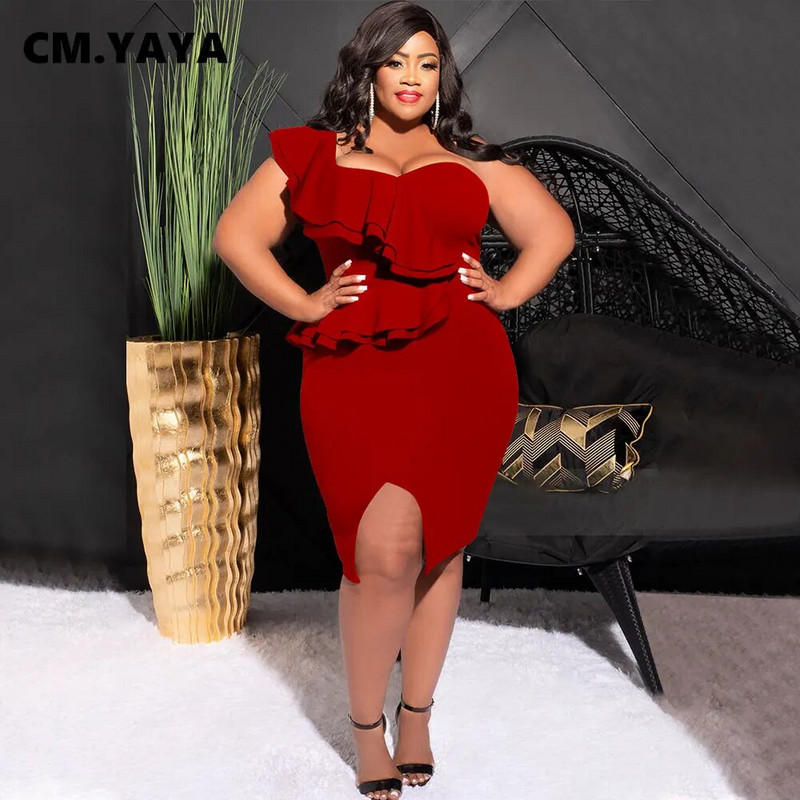 CM.YAYA Plus Size Γυναικεία βολάν Αμάνικο Bodycon Μίντι Φόρεμα 2023 Fashion INS Curve Sexy Party Club Dresses Vestidos