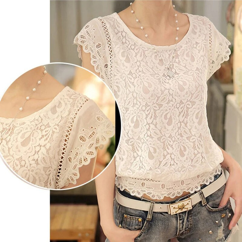 Vasariniai moteriški palaidiniai marškinėliai trumpomis rankovėmis nėriniuoti šifoninė palaidinė su kaklu, siuvinėjimas balti marškiniai moteriški laisvalaikio moteriški viršutiniai drabužiai, Silm