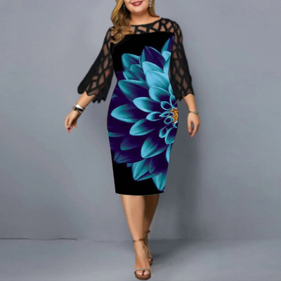 Suures suuruses naiste riided Elegantne vabaaja peokleit Sügis-/talvine pitstrükiga põlvedeni laineline varrukas, O-kaelus