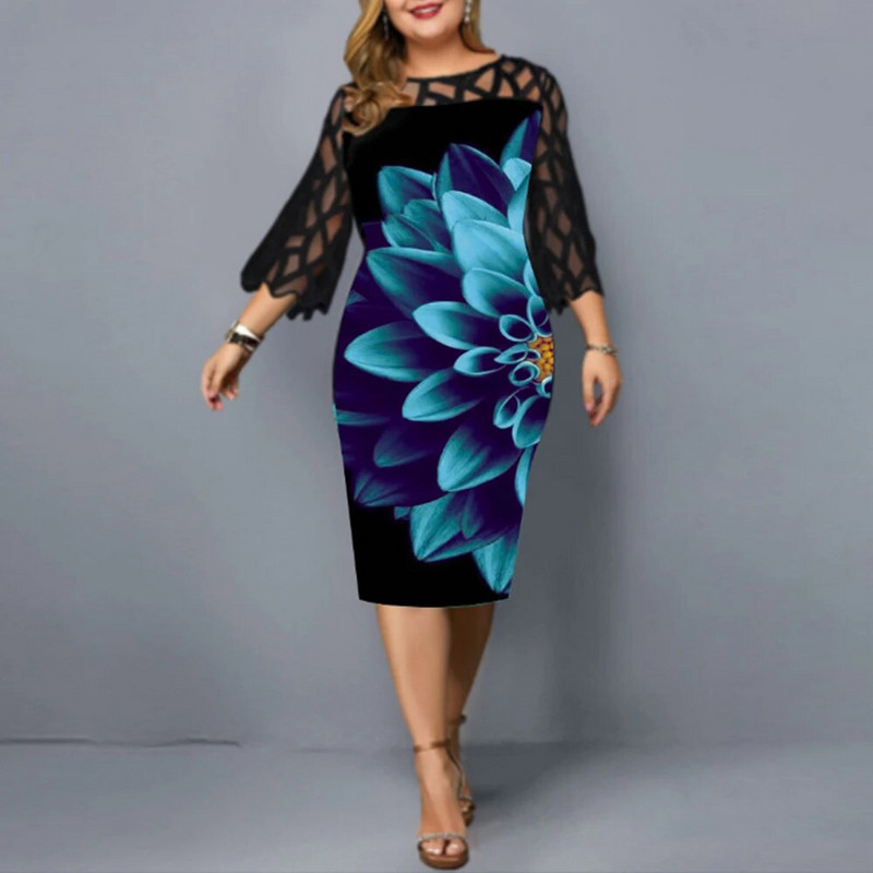 Suures suuruses naiste riided Elegantne vabaaja peokleit Sügis-/talvine pitstrükiga põlvedeni laineline varrukas, O-kaelus