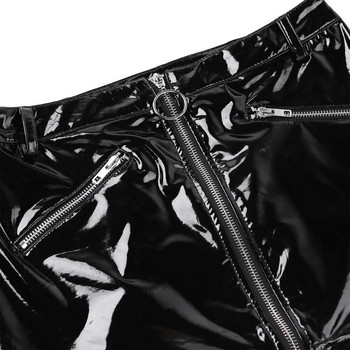 Γυναικείες γυναικείες ψεύτικο δέρμα ψεύτικες τσέπες με φερμουάρ Bodycon Μίνι φούστα κοντάρι Dance Rave λαμπερές κοντές φούστες Wetlook Clubwear Στολή