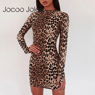 Jocoo Jolee Дамска модна рокля с леопардов принт Есен Зима Секси тясна мини рокля с дълъг ръкав Ежедневна клубна бандажна рокля