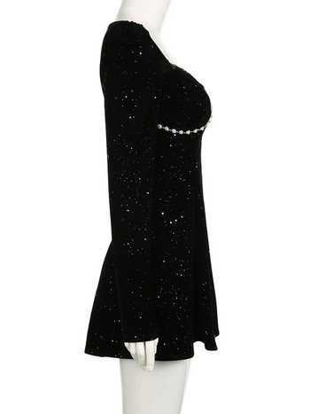 IAMSURE Блясък във френски стил А-силует Рокля с тънка квадратна яка с дълъг ръкав Мини рокли за жени 2024 Есен Зима Дама