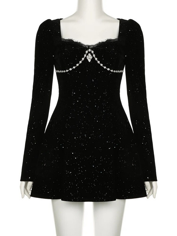 IAMSURE prancūziško stiliaus spindinčios A linijos suknelės plonos kvadratinės apykaklės mini suknelės ilgomis rankovėmis moterims 2024 m. rudens žiemos dama