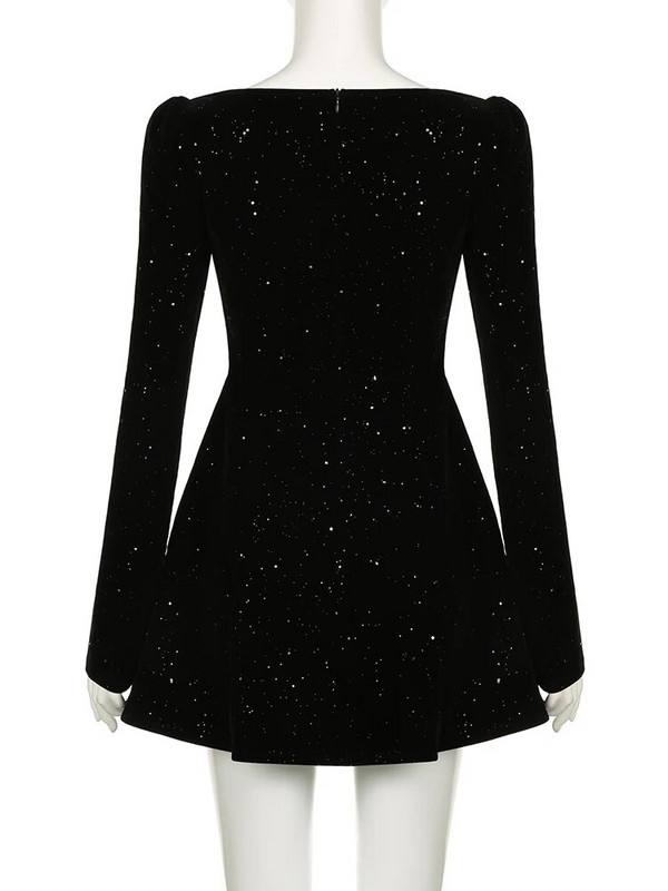 IAMSURE prancūziško stiliaus spindinčios A linijos suknelės plonos kvadratinės apykaklės mini suknelės ilgomis rankovėmis moterims 2024 m. rudens žiemos dama