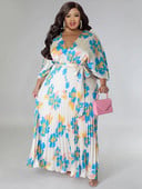 Vasaros laisvalaikio, vakarėlio puošnios suknelės moterims su gėlėmis margintais V kaklo nėriniais, klostuota iki grindų, plius dydžio „Vestidos“