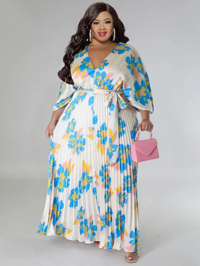 Vasaros laisvalaikio, vakarėlio puošnios suknelės moterims su gėlėmis margintais V kaklo nėriniais, klostuota iki grindų, plius dydžio „Vestidos“