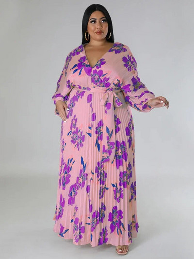 Vasaros laisvalaikio, vakarėlio puošnios suknelės moterims su gėlėmis margintais V kaklo nėriniais, klostuota iki grindų, plius dydžio „Vestidos“