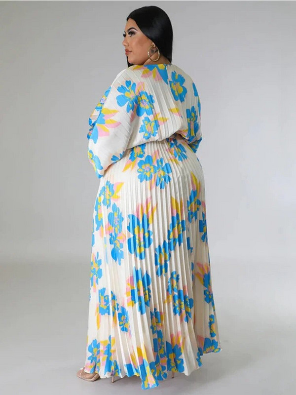 Vasaros laisvalaikio, vakarėlio puošnios suknelės moterims su gėlėmis margintais V kaklo nėriniais, klostuota iki grindų, plius dydžio „Vestidos“