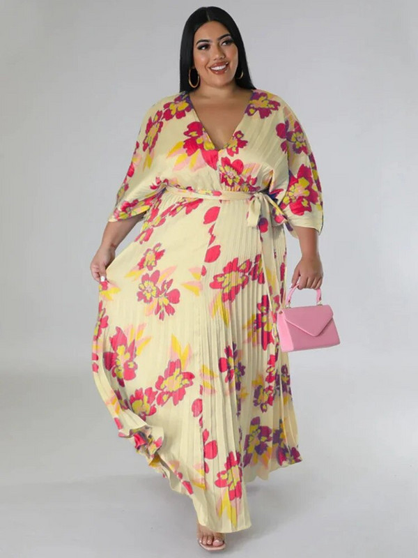 Vasaros laisvalaikio, vakarėlio puošnios suknelės moterims su gėlėmis margintais V kaklo nėriniais, klostuota iki grindų, plius dydžio „Vestidos“