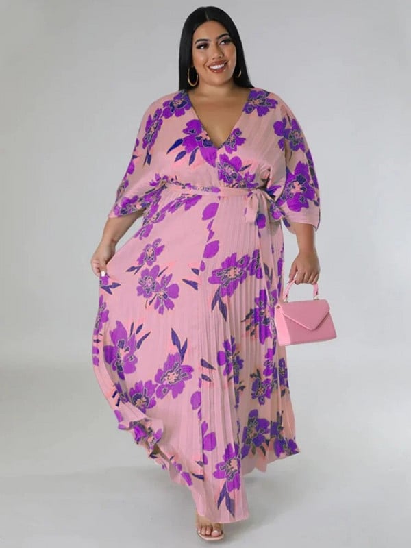 Vasaros laisvalaikio, vakarėlio puošnios suknelės moterims su gėlėmis margintais V kaklo nėriniais, klostuota iki grindų, plius dydžio „Vestidos“