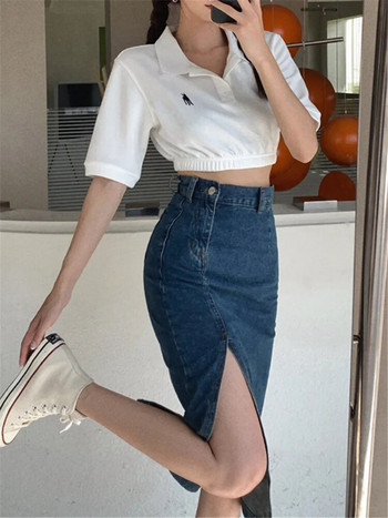 REALEFT Γυναικεία μίντι τζιν φούστα άνοιξη με σπαστό τζιν ψηλόμεσο ίσιο γυναικείο pencil φούστα 2023 Νέο καλοκαίρι