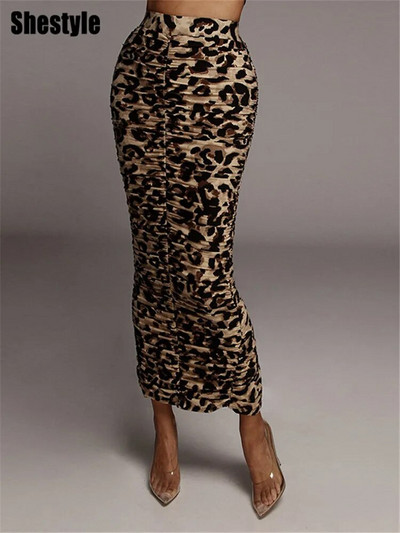 Shestyle fuste creion lungi cu fante din leopard femei sălbatice cu volan sexy push up talie înaltă sexy clubwear office ținute pentru doamnă navetă