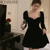 OCEANLOVE Ženske haljine od baršuna Jesen Zima Jednobojne vintage korejske mode Vestidos Mujer A-kroja večernja mini haljina s perlama