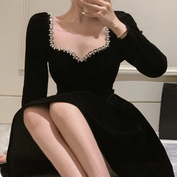 OCEANLOVE Кадифени дамски рокли Есен Зима Едноцветна ретро корейска мода Vestidos Mujer A-line вечерна мини рокля с мъниста