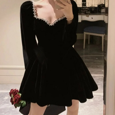 OCEANLOVE Ženske haljine od baršuna Jesen Zima Jednobojne vintage korejske mode Vestidos Mujer A-kroja večernja mini haljina s perlama