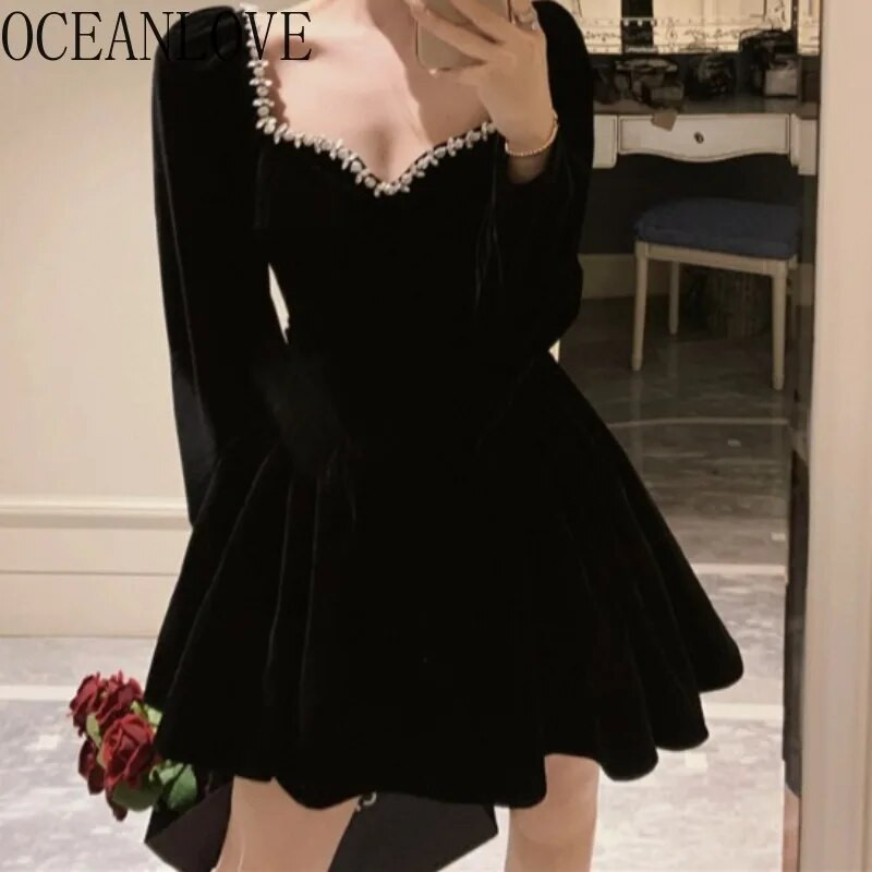 OCEANLOVE Ženske haljine od baršuna Jesen Zima Jednobojne vintage korejske mode Vestidos Mujer A-kroja večernja mini haljina s perlama