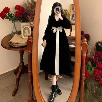 Rochie din catifea cu șnur în stil francez, cu șnur, cu dantelă, cu fundă, pentru femei, cu talie înaltă, cu mâneci lungi, rochii midi, coreeană, linie A, toamnă iarnă