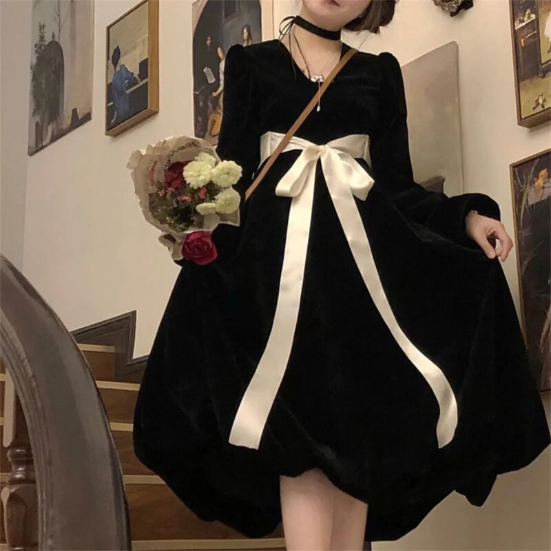 Rochie din catifea cu șnur în stil francez, cu șnur, cu dantelă, cu fundă, pentru femei, cu talie înaltă, cu mâneci lungi, rochii midi, coreeană, linie A, toamnă iarnă