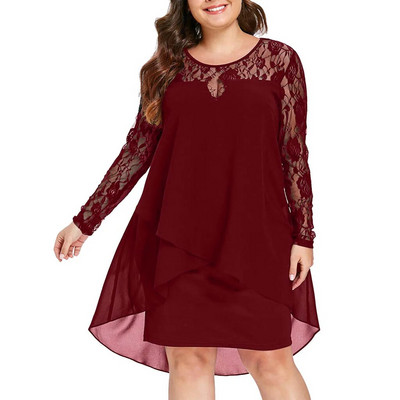 Ženska haljina velikih veličina Prozirna čipkana patchwork haljina dugih rukava s visokim niskim porubom O-izrezom Ležerna elegantna haljina za zabave Vestidos