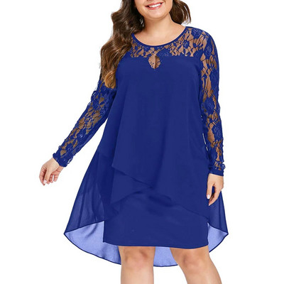 Ženska haljina velikih veličina Prozirna čipkana patchwork haljina dugih rukava s visokim niskim porubom O-izrezom Ležerna elegantna haljina za zabave Vestidos